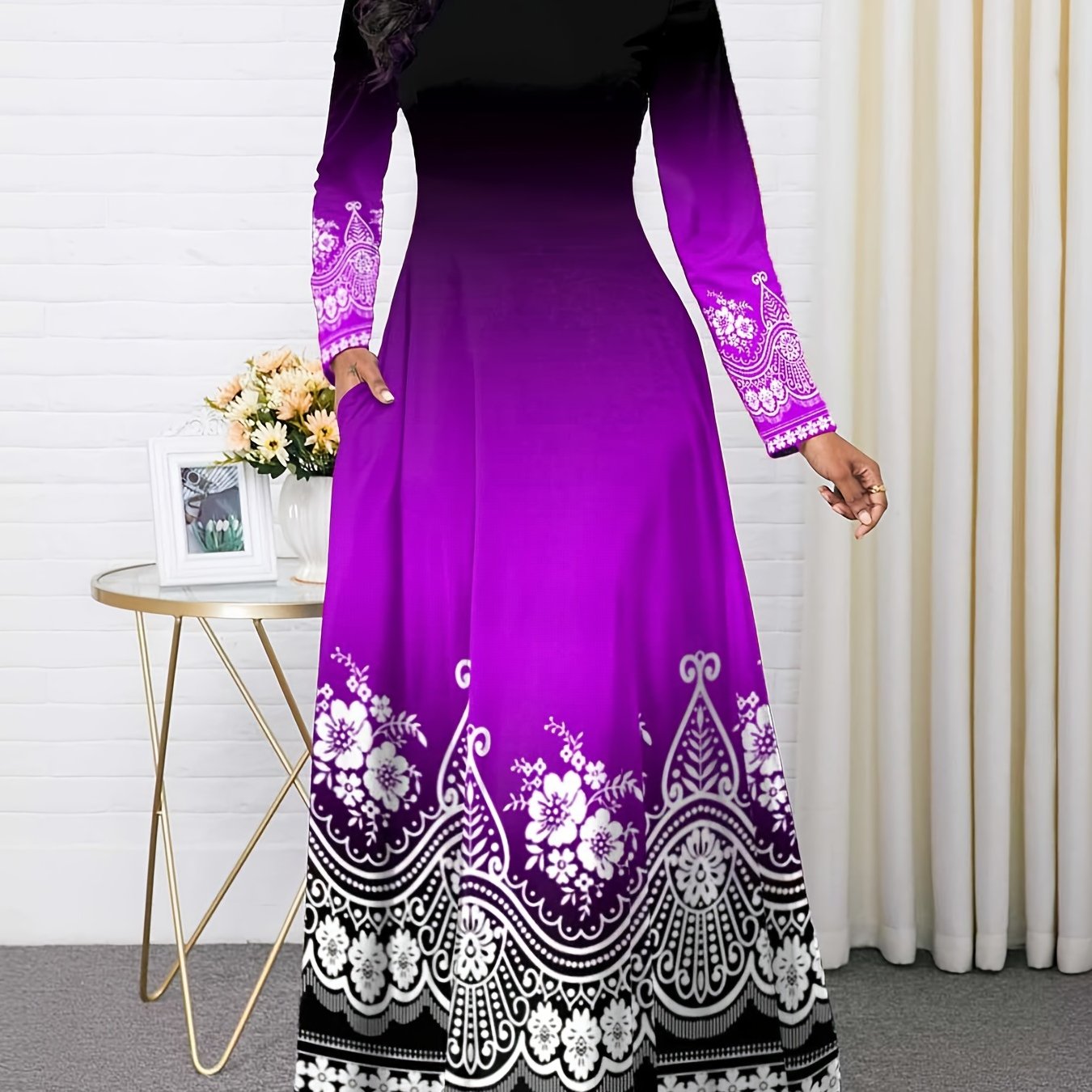 Women's Vintage Floral Round Neck Maxi Dress