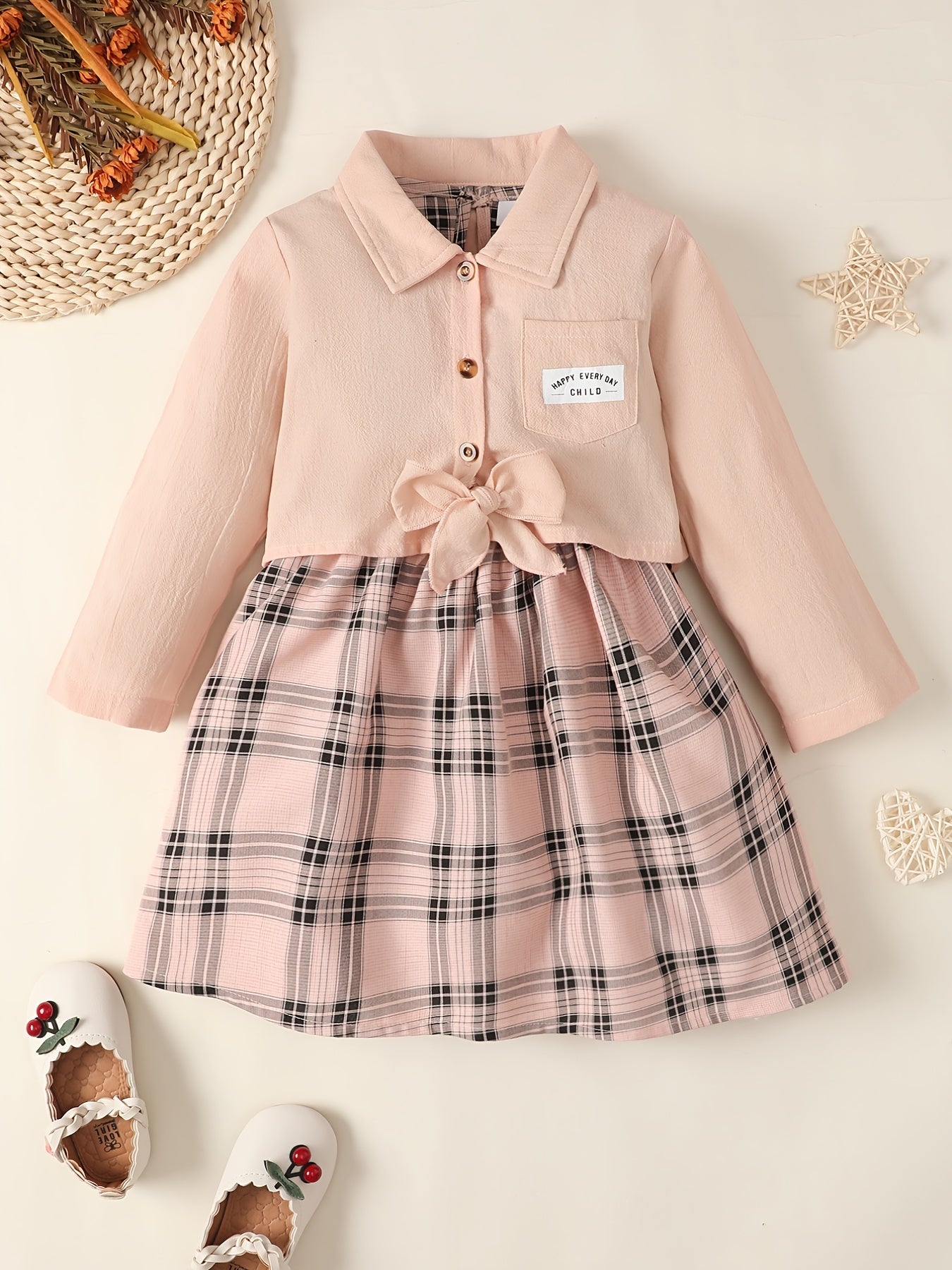 Girls Long Sleeve Shirt Top & Sleeveless Plaid Dress Set