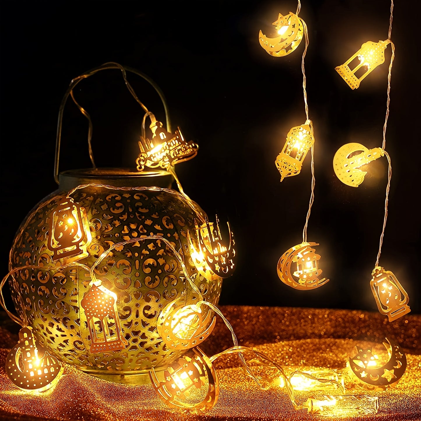 6.56 Feet 10 LEDs Eid Moon Star Kerosene Lantern Lamp, Battery Operated for Ramadan Outdoor Home Decoration Party Supplies, Ramadan Kareem, Holiday Accessory (Warm White Color)