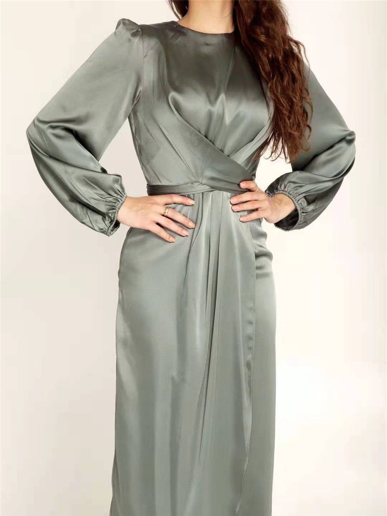 Women's Solid Crew Neck Long Sleeve Tie Waist Maxi Dress