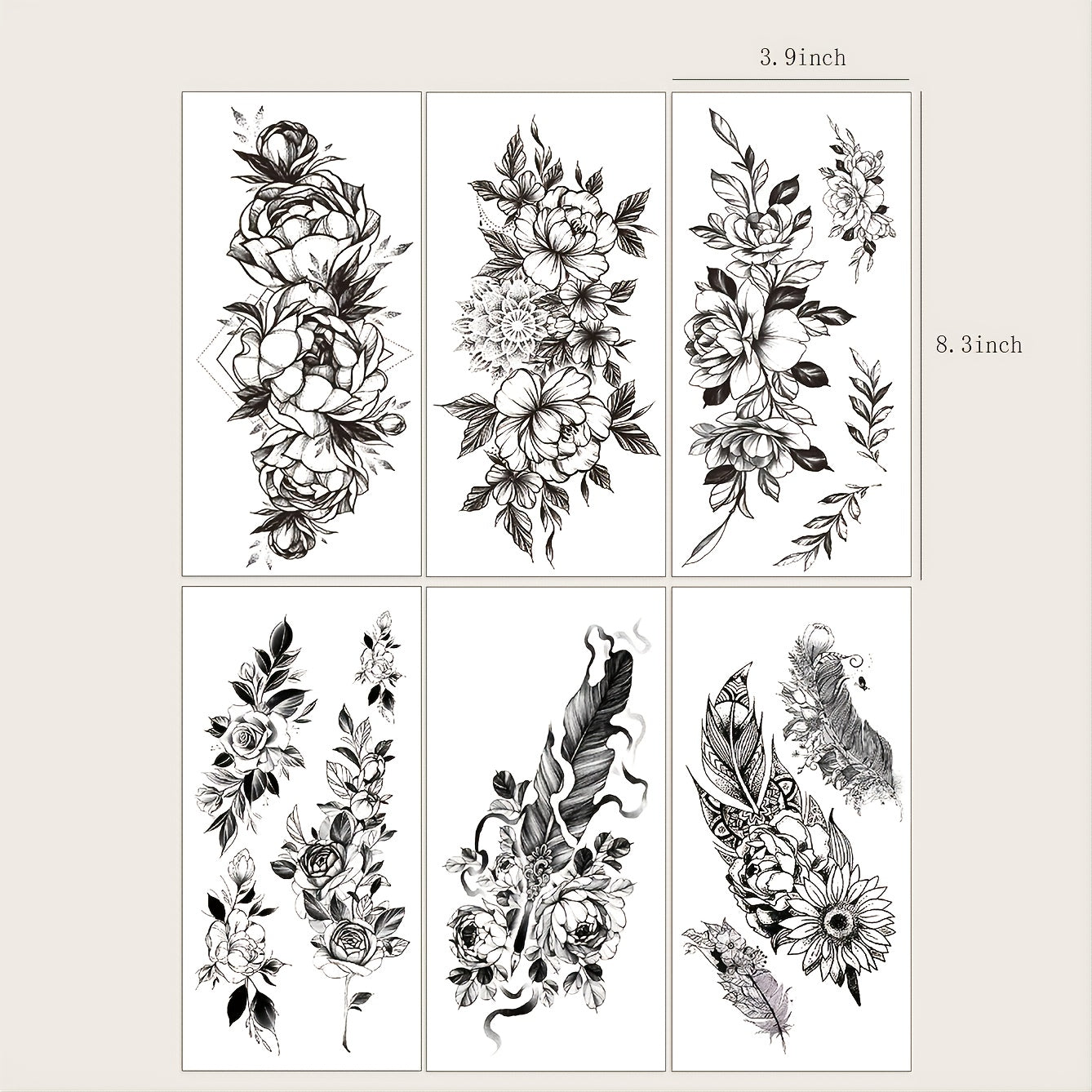 6-Piece Grass Print Pattern Big Flower Arm Tattoo Decals