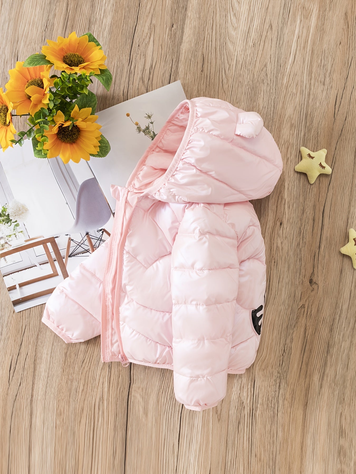 Children's Girls Cartoon Tiger Puffer Coat with Bear Ears