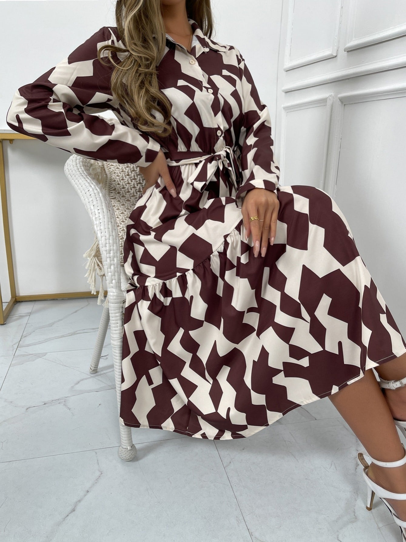 Geometric Print Elegant V-Neck Dress for Women