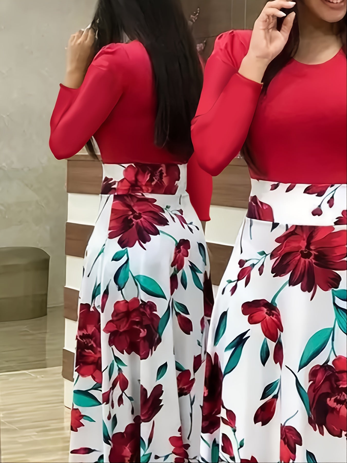 Plus Size Colorblock Floral Print Long Sleeve Maxi Dress