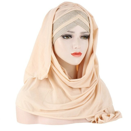 2020 New Sequins Glitter Forehead Cross Muslim Hijab Scarf