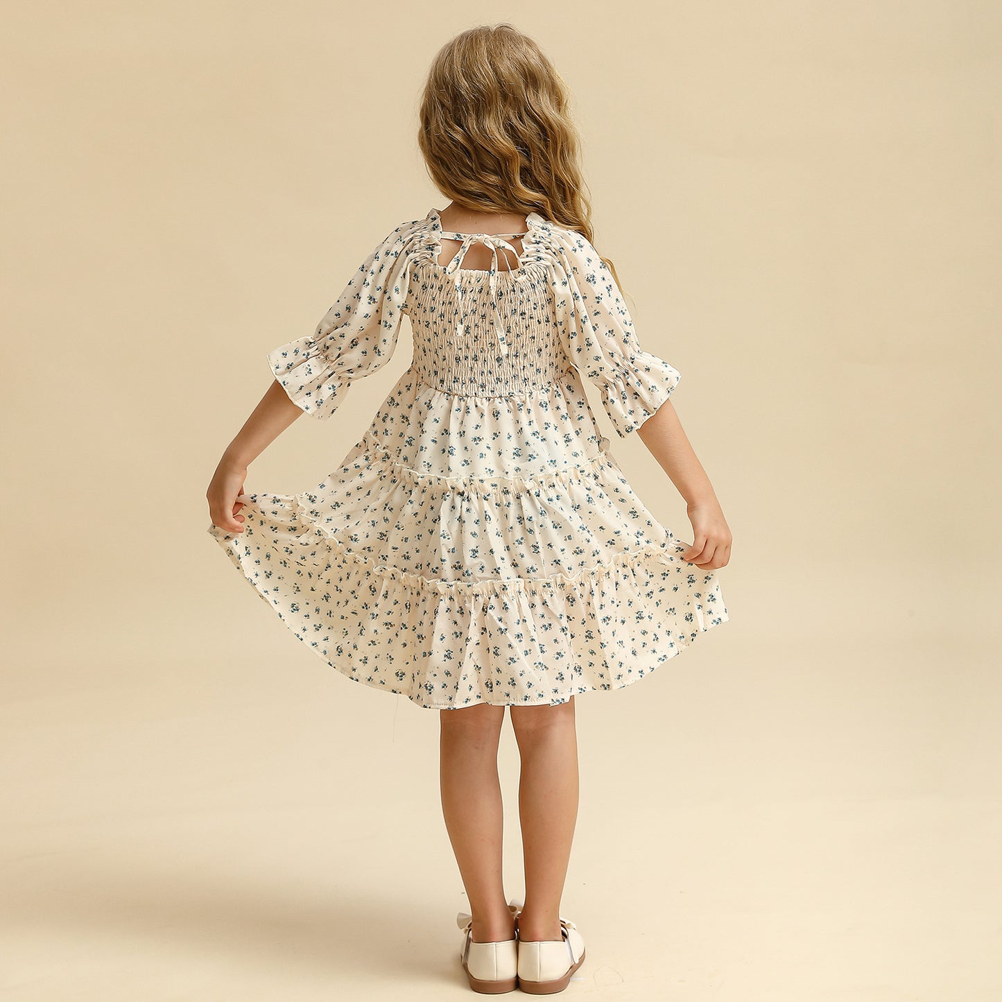 New 2023 Summer Dress for Girls with Floral Print and Puff Sleeves