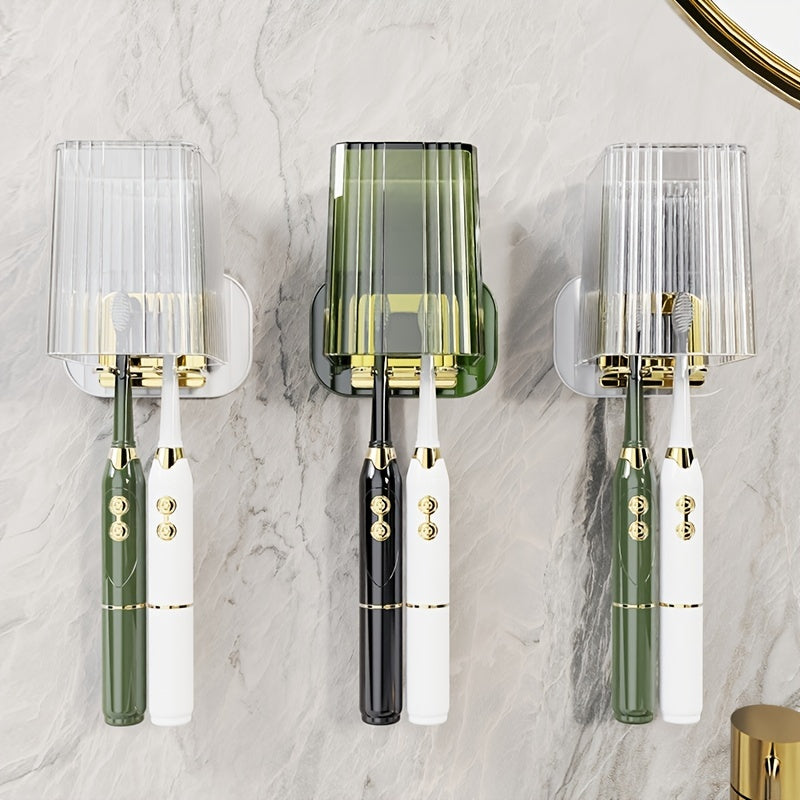Wall-Mounted Toothbrush Cup Set - Punch-Free Bathroom Toilet Mouthwash Cup & Toothbrush Holder (Green and White)