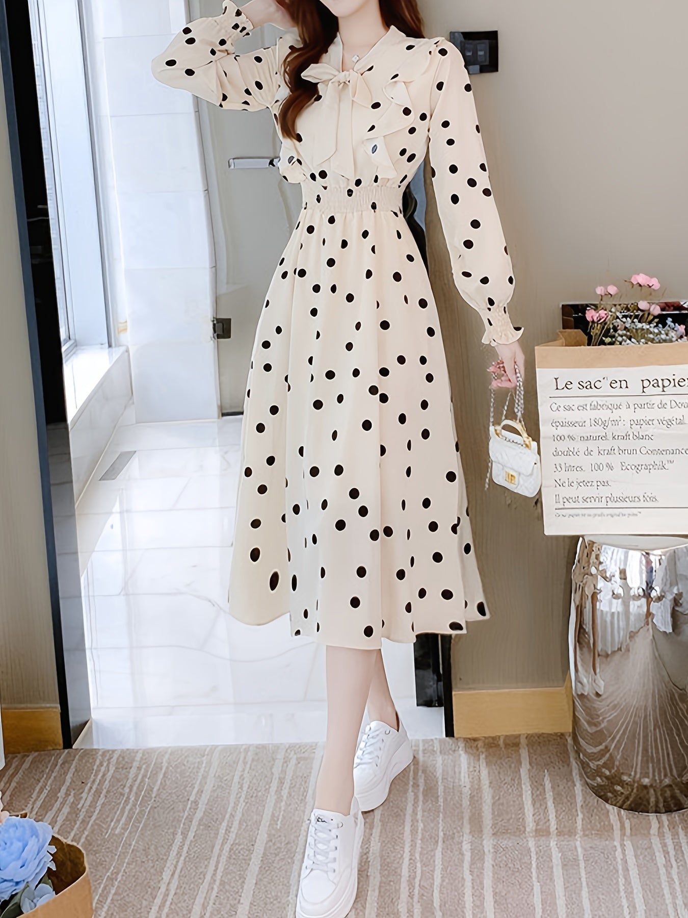 Women's Polka Dot Print Bow Front Slim Dress