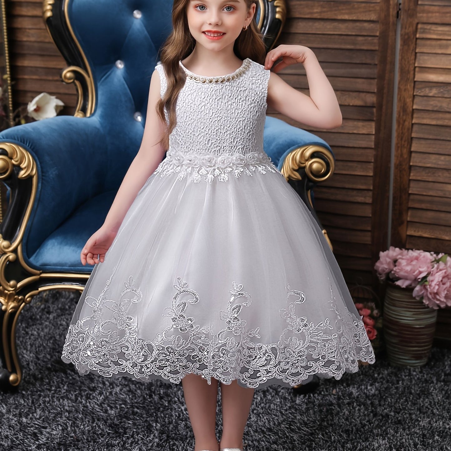 Girls Princess Sleeveless Tutu Dress with Flower Embroidery