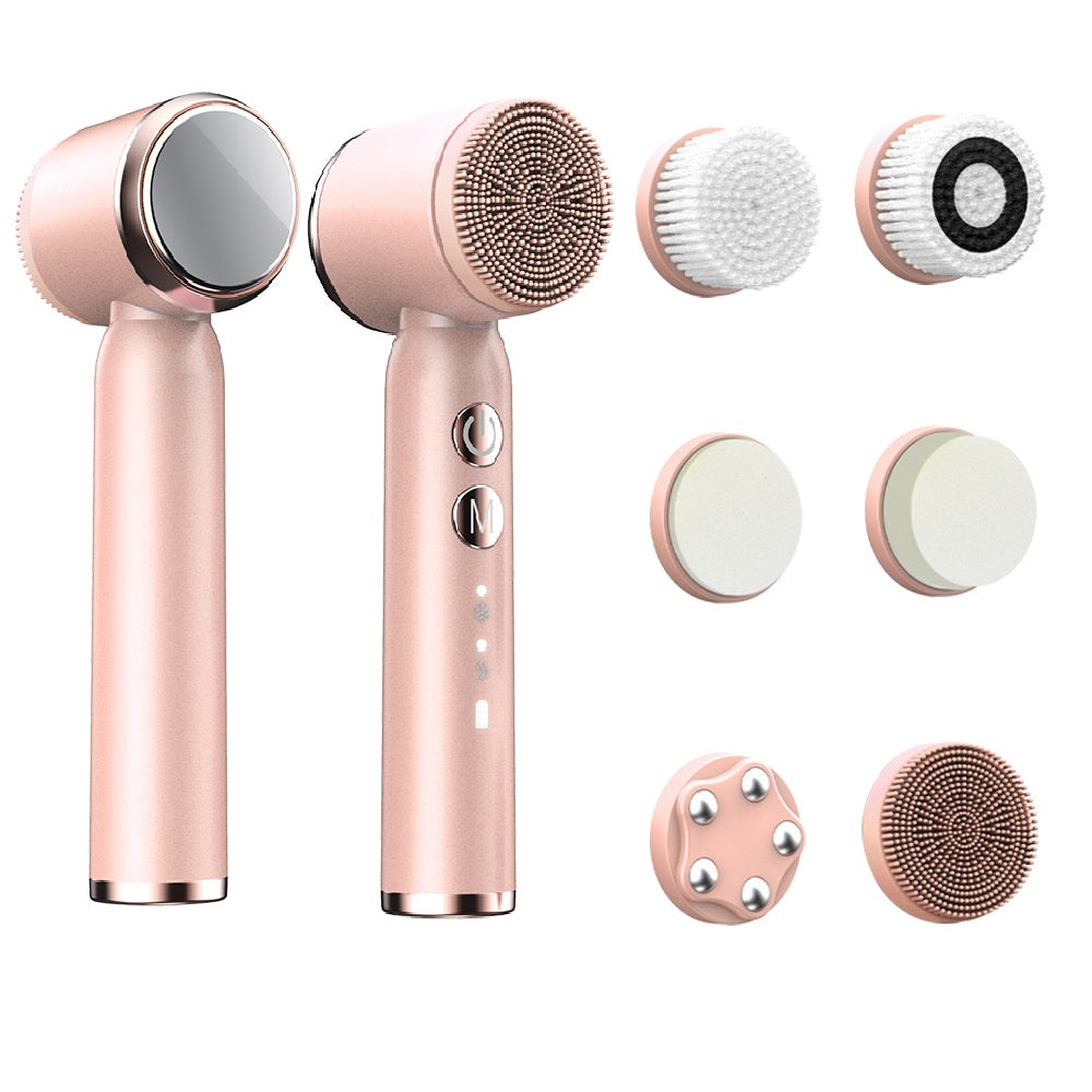 Electric Facial Cleansing Brush: Sonic Vibrating Face Scrubber with Hot/Cold Compress and 6 Brush Heads