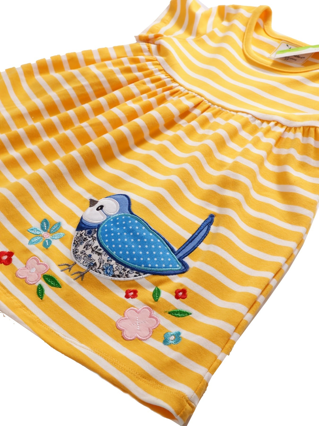 Cute Bird and Floral Embroidery Striped Summer Dress