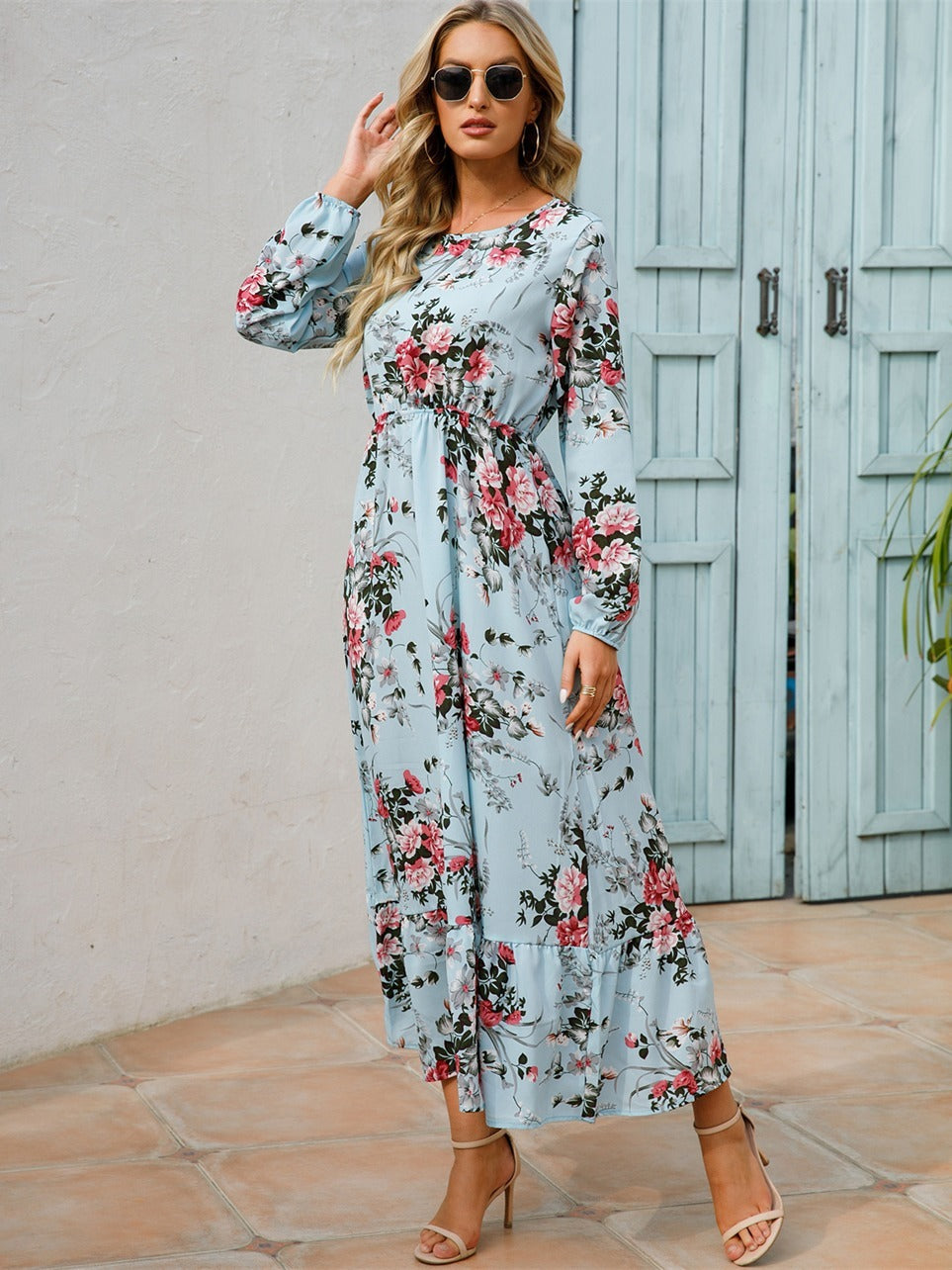 Floral Long Sleeve Maxi Dress: Long Sleeve Loose Crew Neck Dress, Casual Dresses for Spring & Summer, Women's Clothing