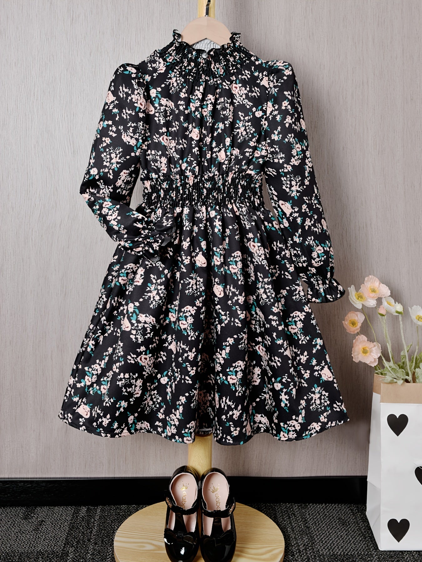 Ditsy Floral Print Long Sleeve Half Turtleneck Dress