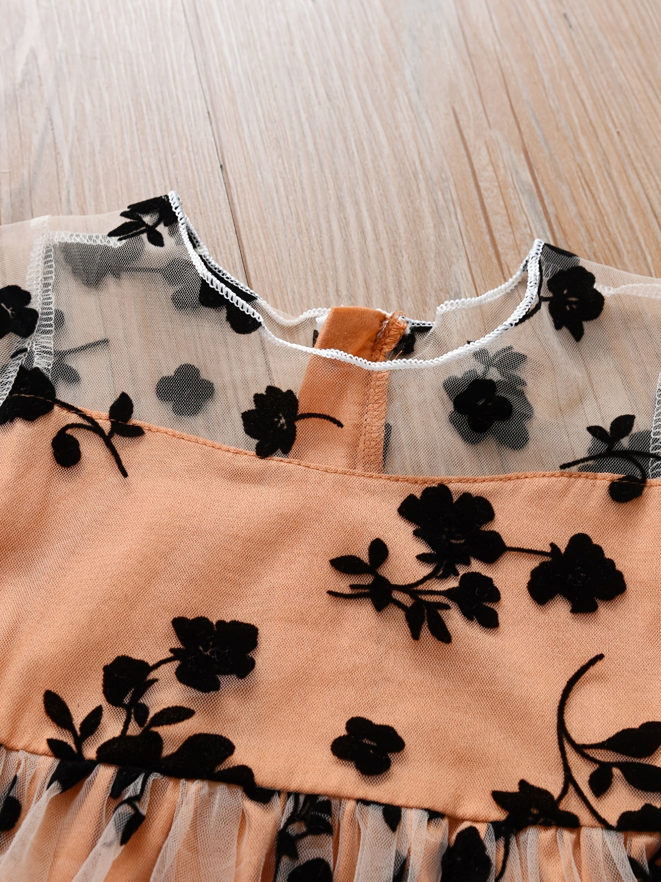 Girls Black Flower Embroidered Mesh Dress