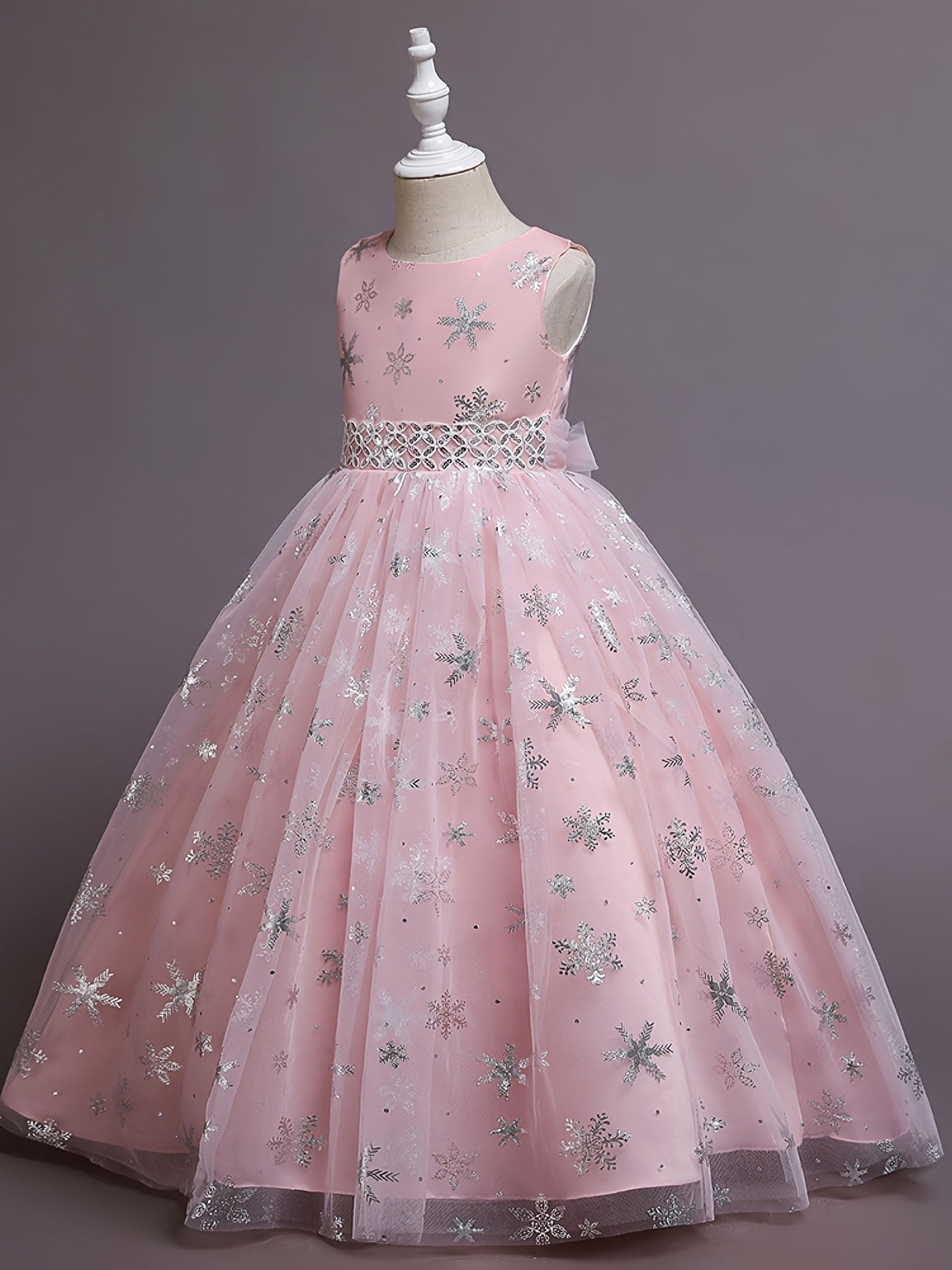 Girls Princess Dress with Mesh Hem and Snowflake Print