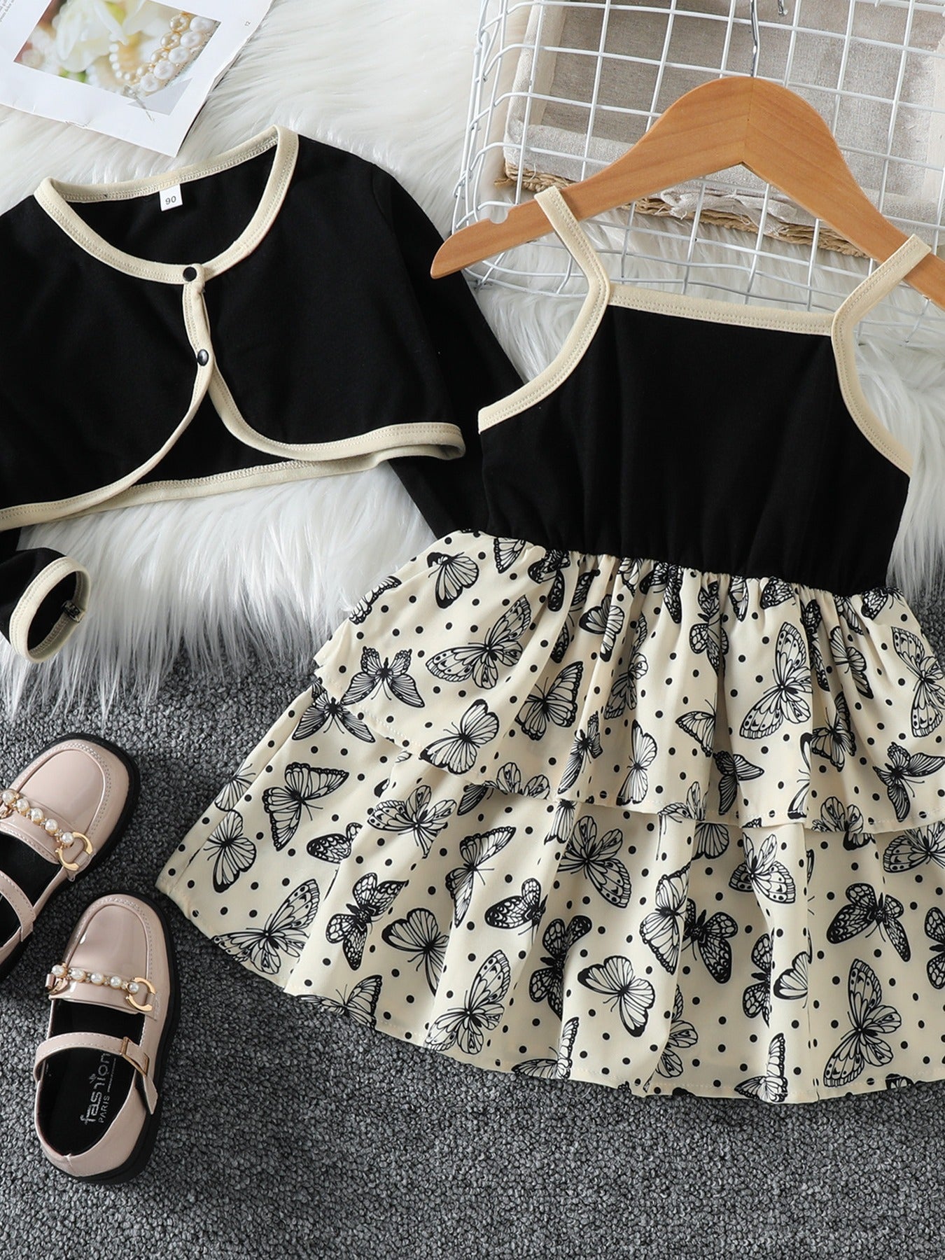 Girls Butterfly Pattern Elegant Dress Coat Set
