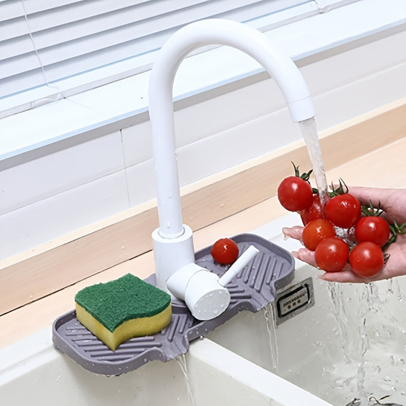 1pc Faucet Splash Pad, Silicone Kitchen Sink Faucet Mat, Behind Sink Splash Guard, Self Draining Sink Pad Behind Faucet, Faucet Splash Guard, Faucet Drying Durable Mat For Bathroom
