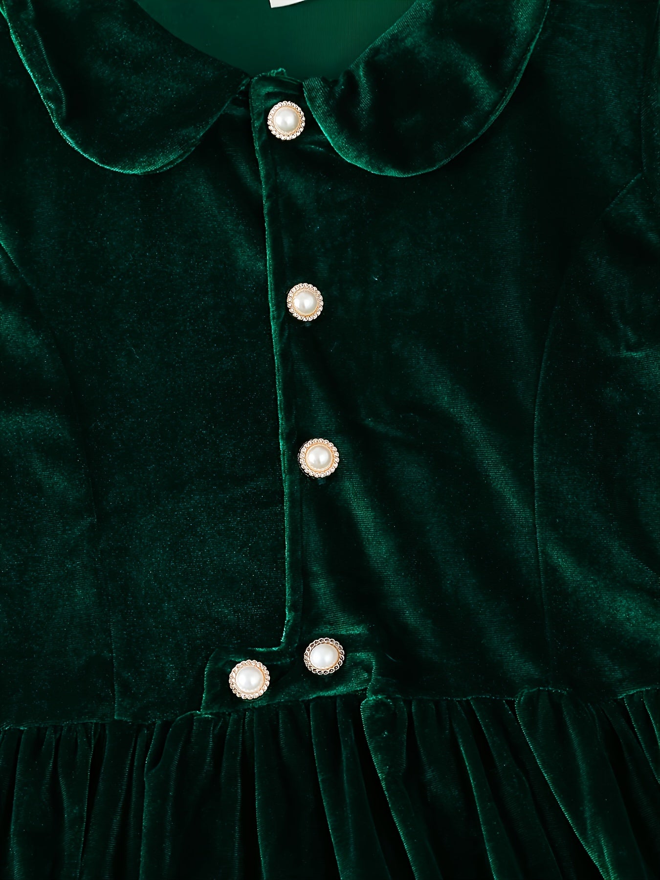 Dark Green Elegant Pleated Long-Sleeved Velvet Princess Dress