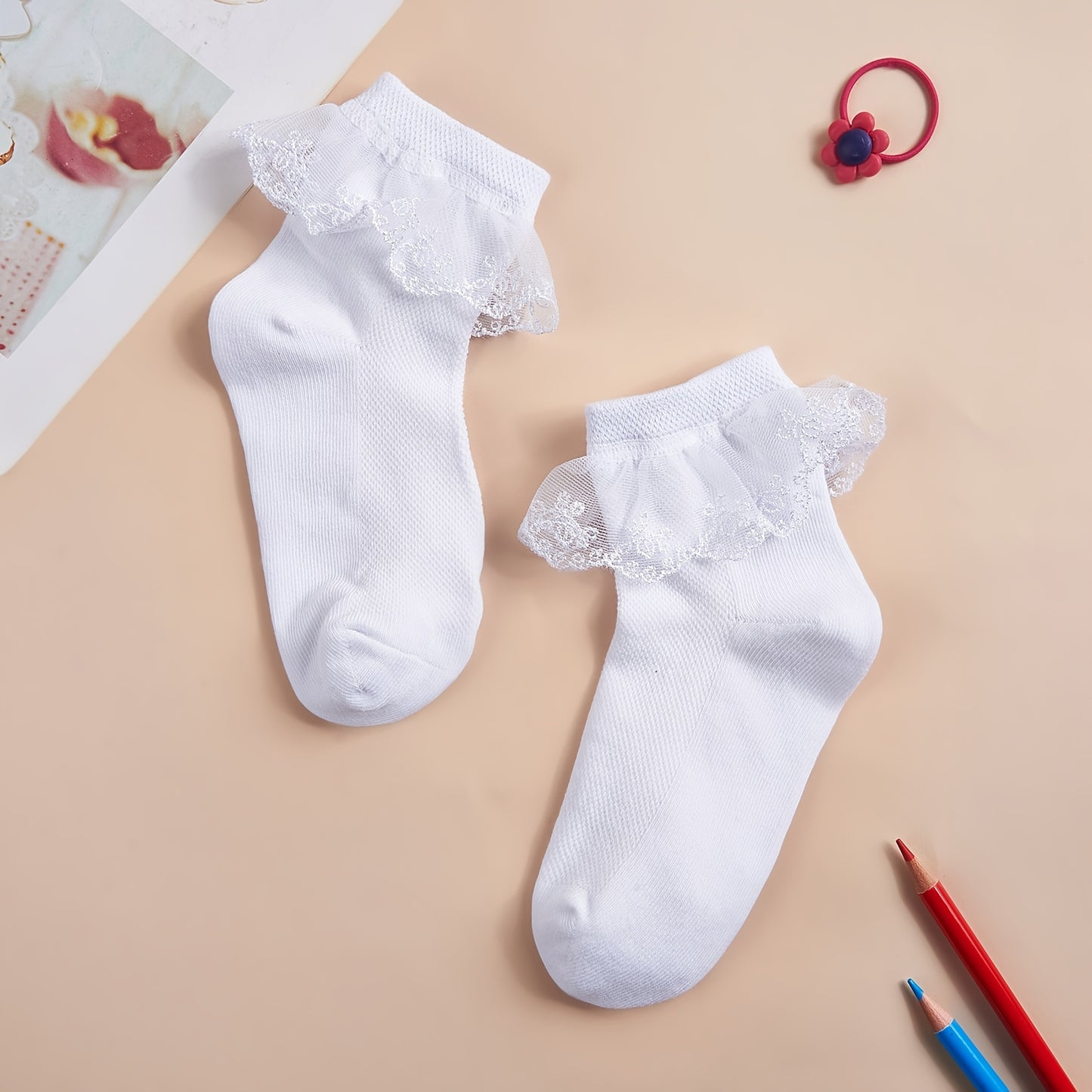 3pairs Girls Socks Solid Color Lace Ruffle Dance Crew Socks