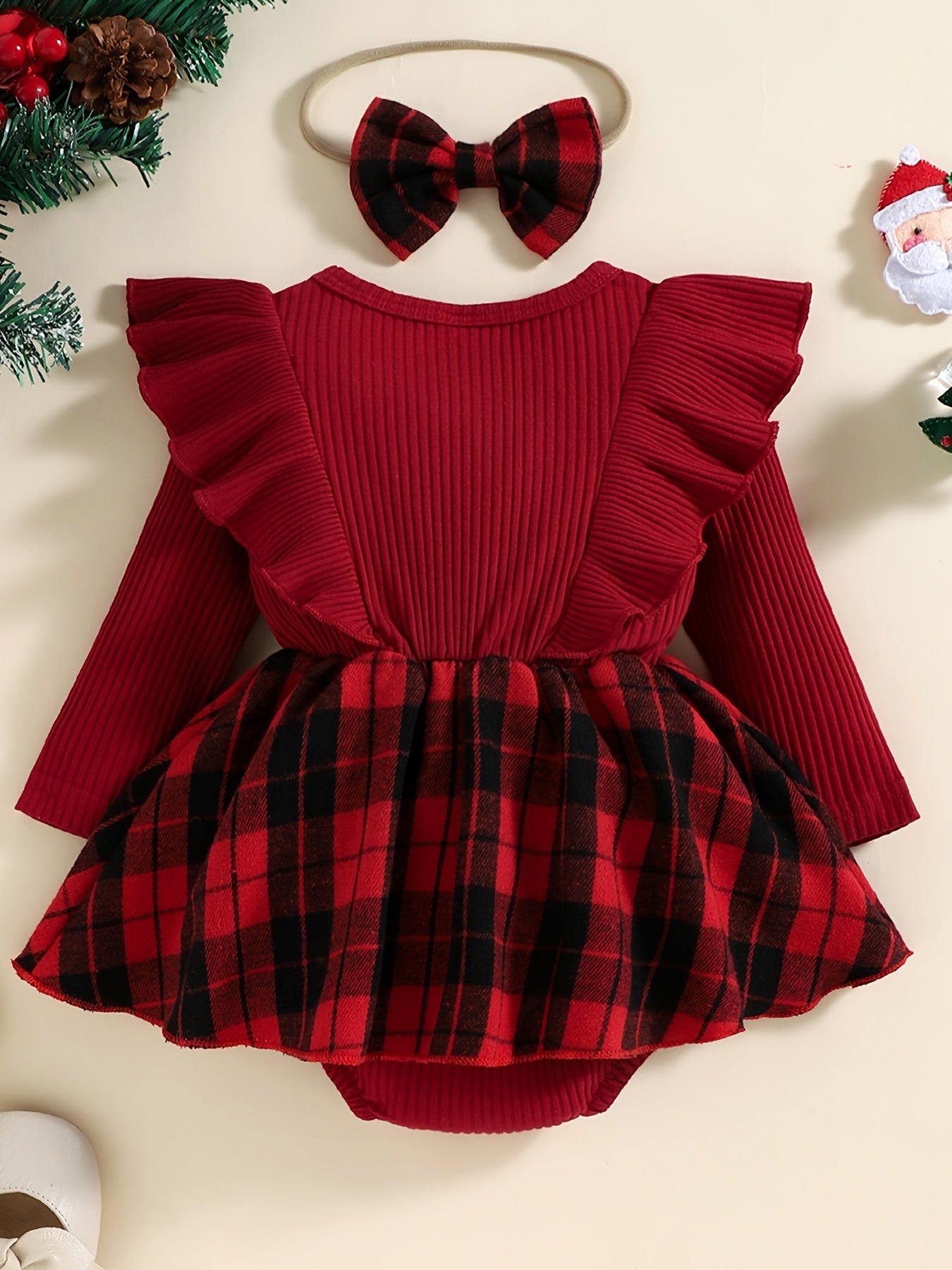 Infant Ruffled Plaid Dress Splicing Romper Long Sleeve Red Bodysuit Onesies & Bow Headband Set