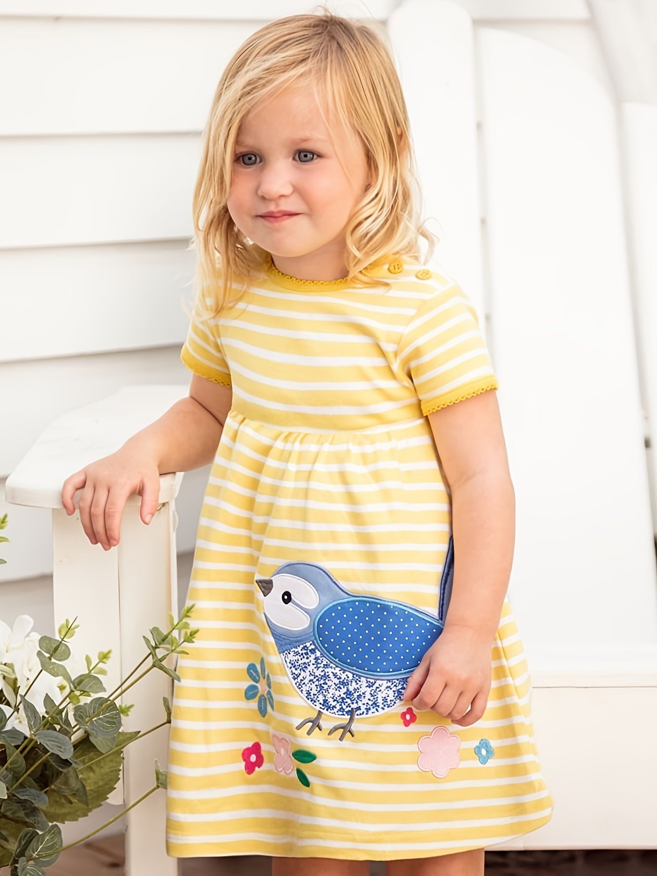 Cute Bird and Floral Embroidery Striped Summer Dress