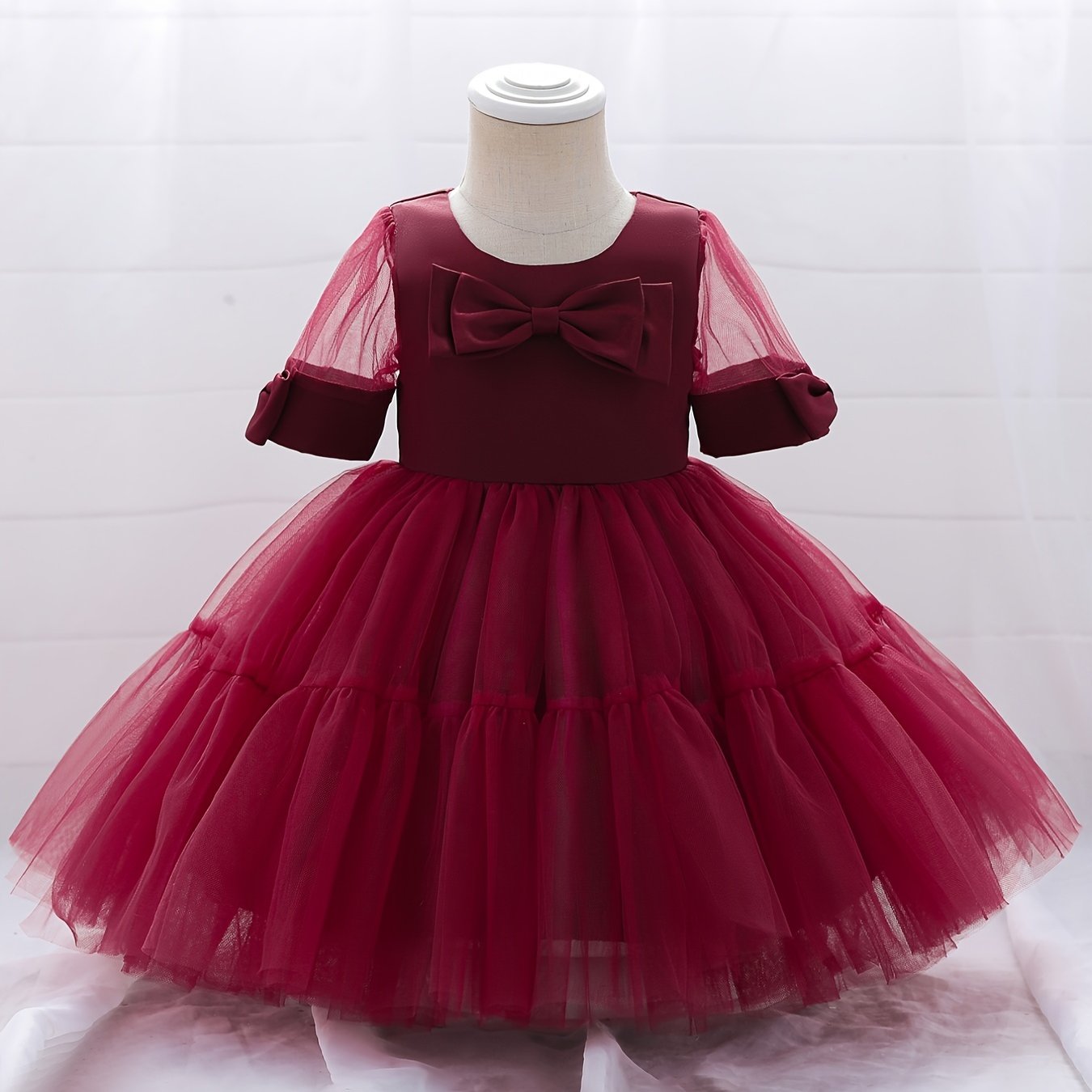 Girls Elegant Bowknot Decor Short Sleeve Mesh Princess Dress Clothes
