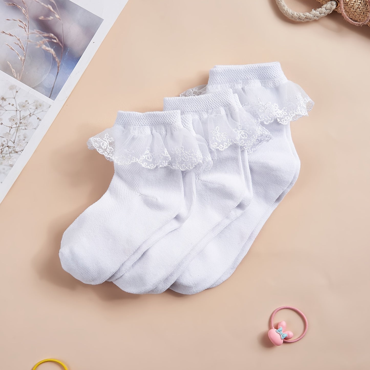 3pairs Girls Socks Solid Color Lace Ruffle Dance Crew Socks