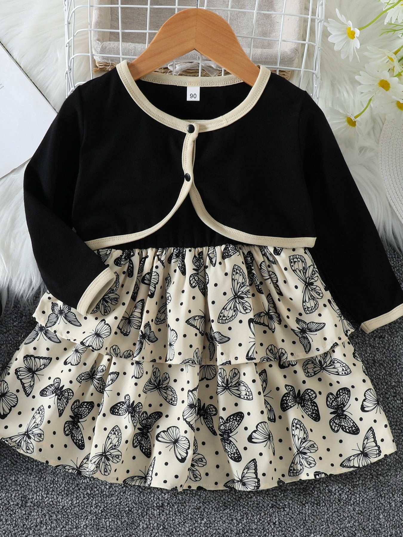 Girls Butterfly Pattern Elegant Dress Coat Set