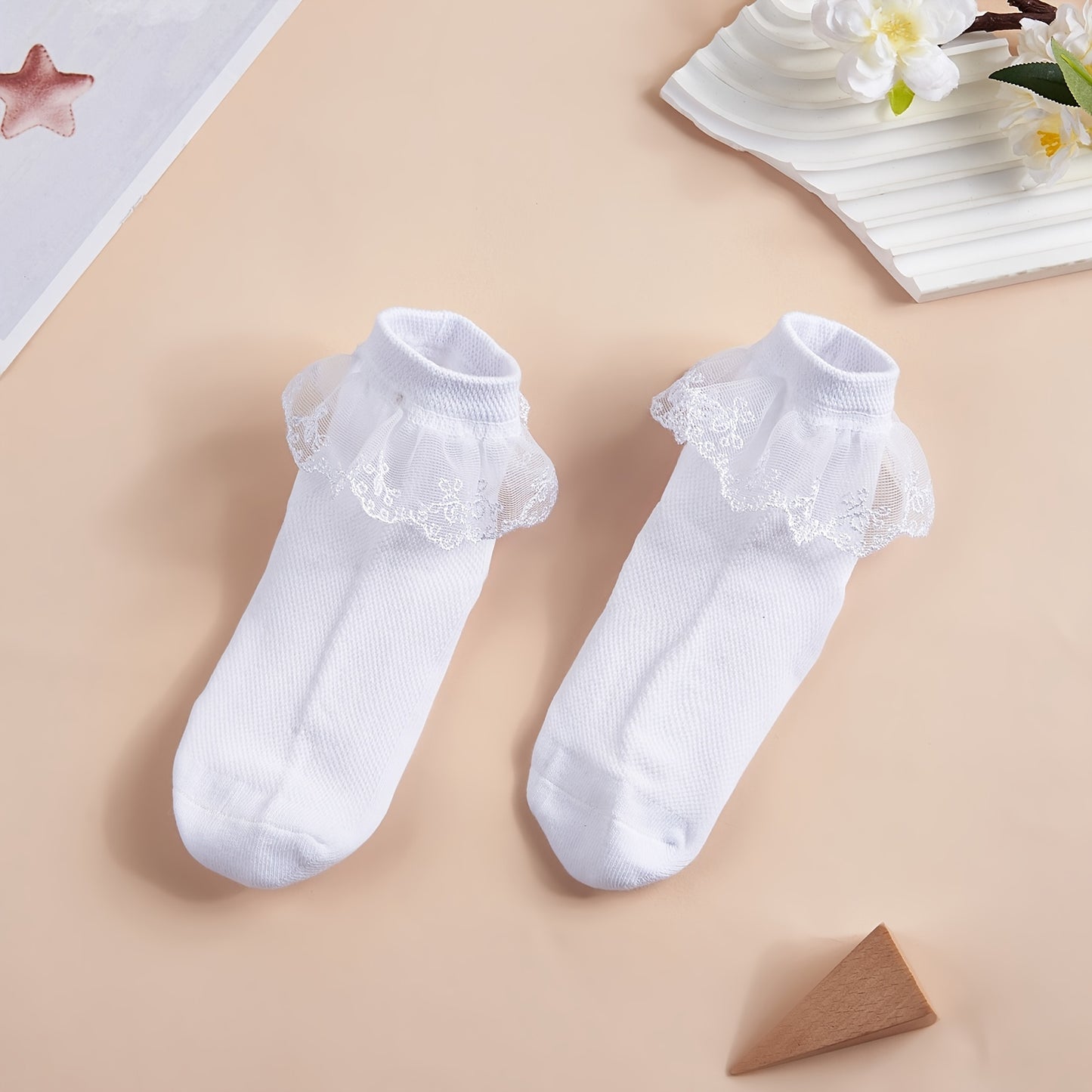 3pairs Girls Socks Solid Color Lace Ruffle Dance Crew Socks