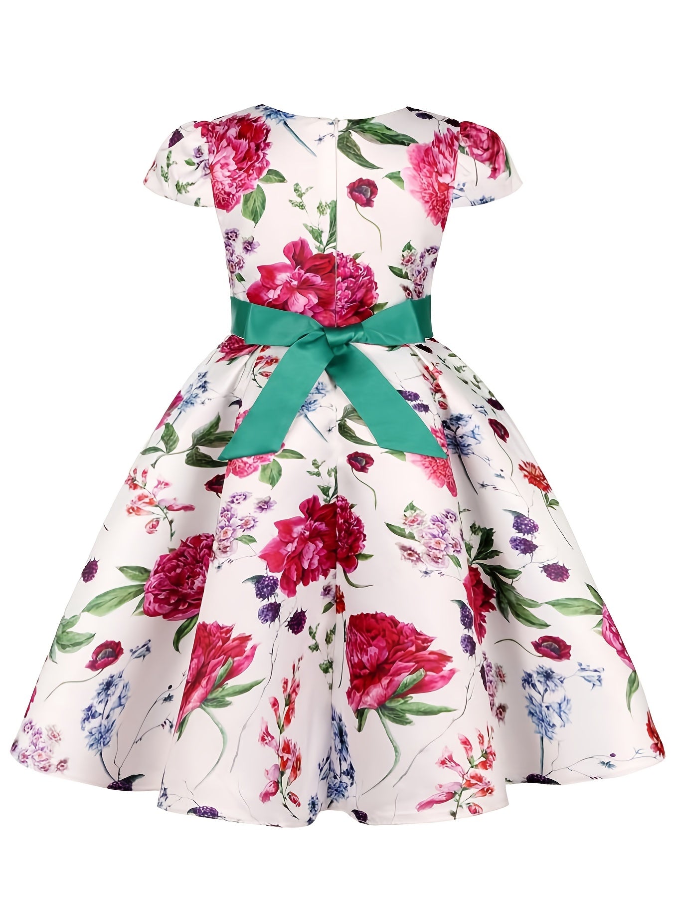 Girls Princess Short Sleeve Bow Printed Dress