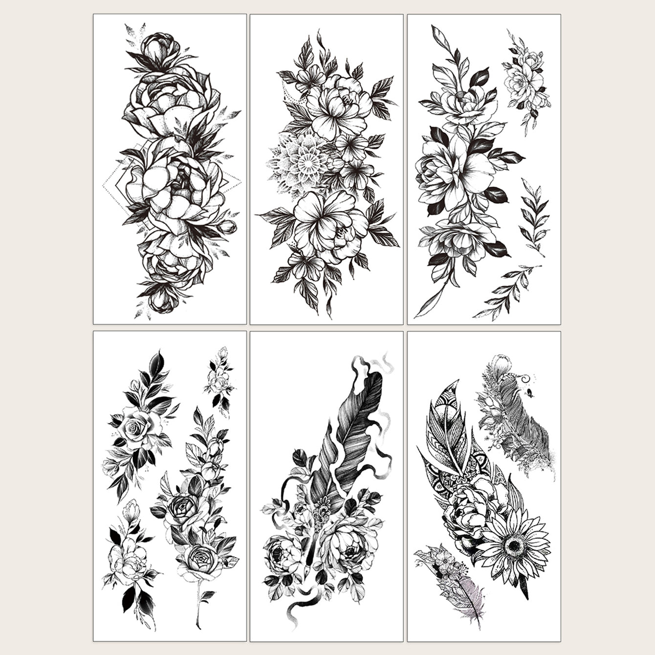 6-Piece Grass Print Pattern Big Flower Arm Tattoo Decals