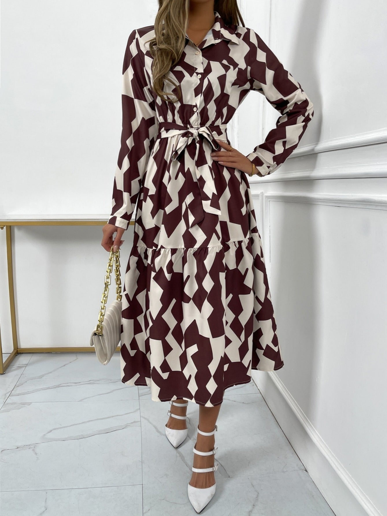 Geometric Print Elegant V-Neck Dress for Women