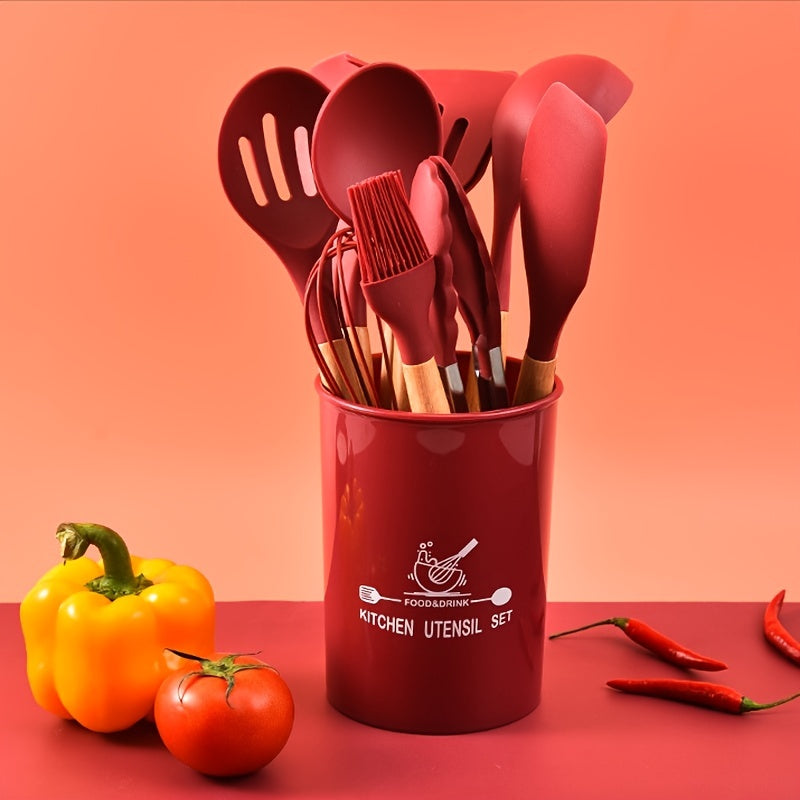 12-Piece Wooden Handle Silicone Kitchenware Set