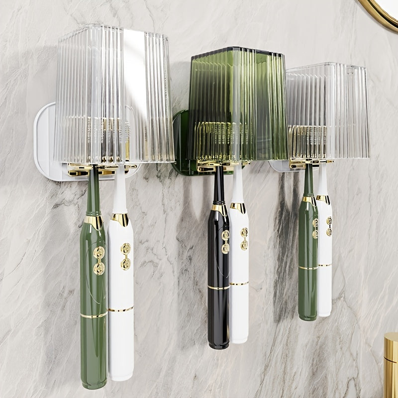 Wall-Mounted Toothbrush Cup Set - Punch-Free Bathroom Toilet Mouthwash Cup & Toothbrush Holder (Green and White)
