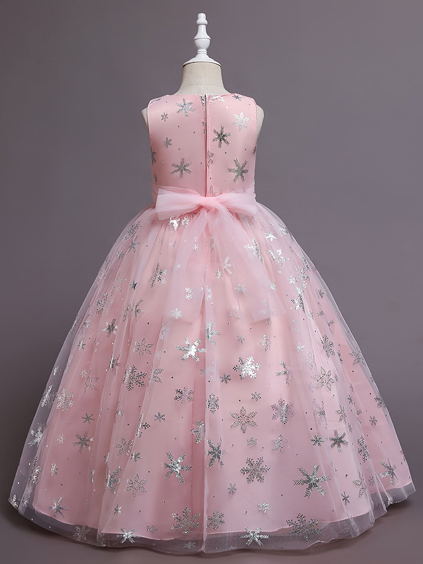 Girls Princess Dress with Mesh Hem and Snowflake Print