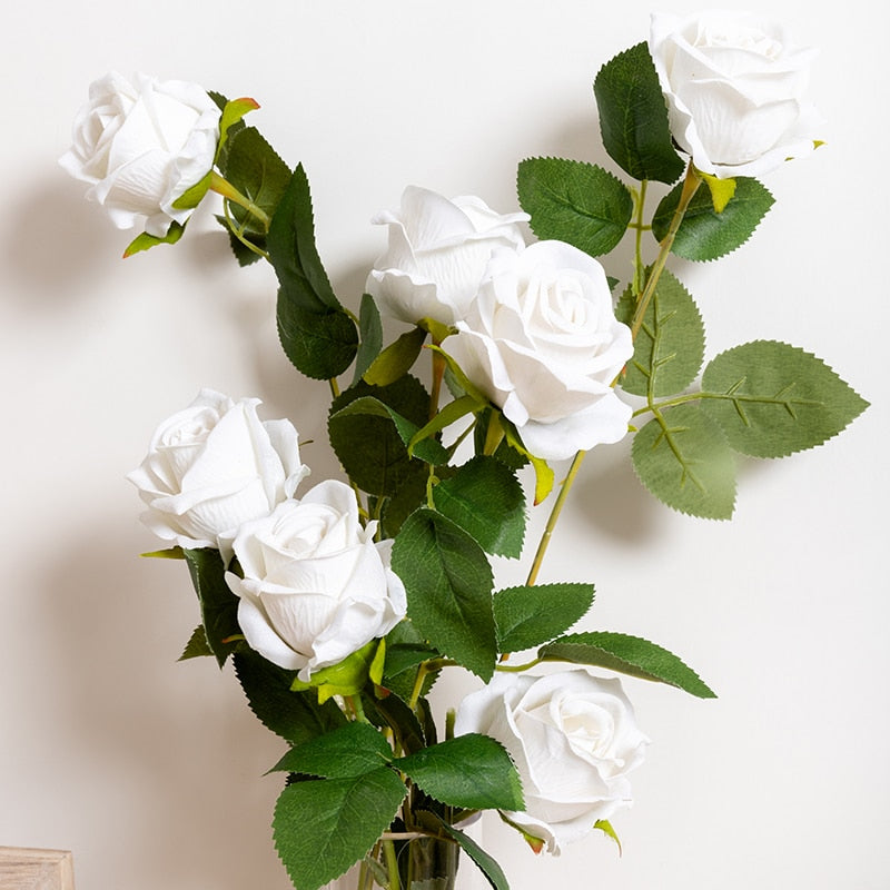 Silk Artificial Rose Flower Long Branch Bouquet - Set of 5 for Weddings and Home Decor