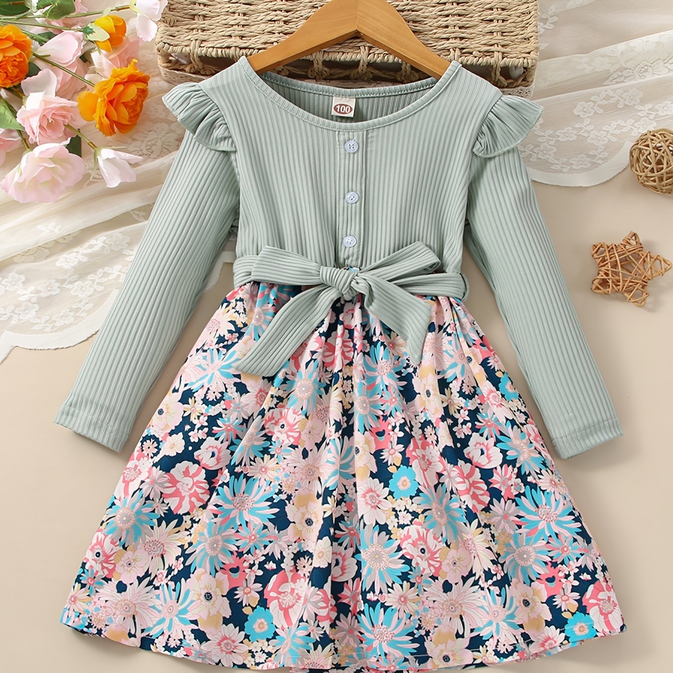 Girls Ruffle Button Flowers Print Splicing Dress - A Chic and Adorable Outfit