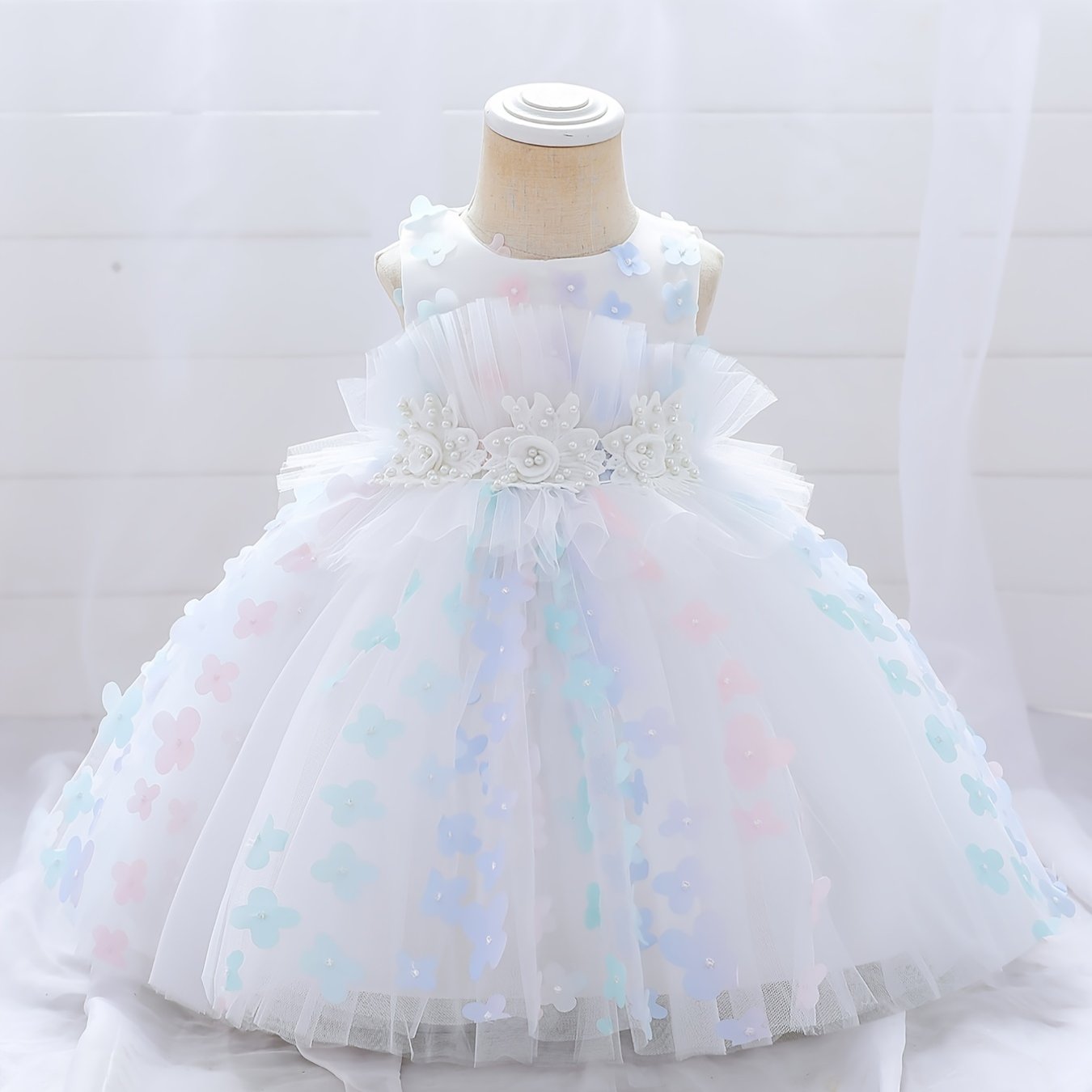 Girls Elegant Butterfly Decor Sleeveless Mesh Princess Dress