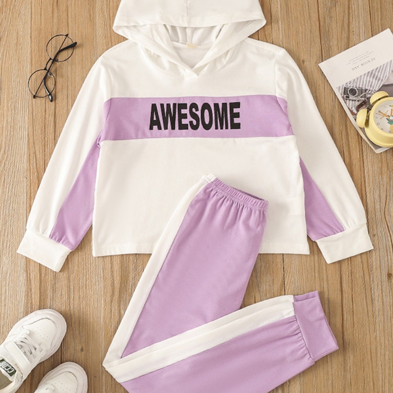 Stylish Letter Print Hooded Sweatshirt & Patchwork Sweatpants Set for Girls