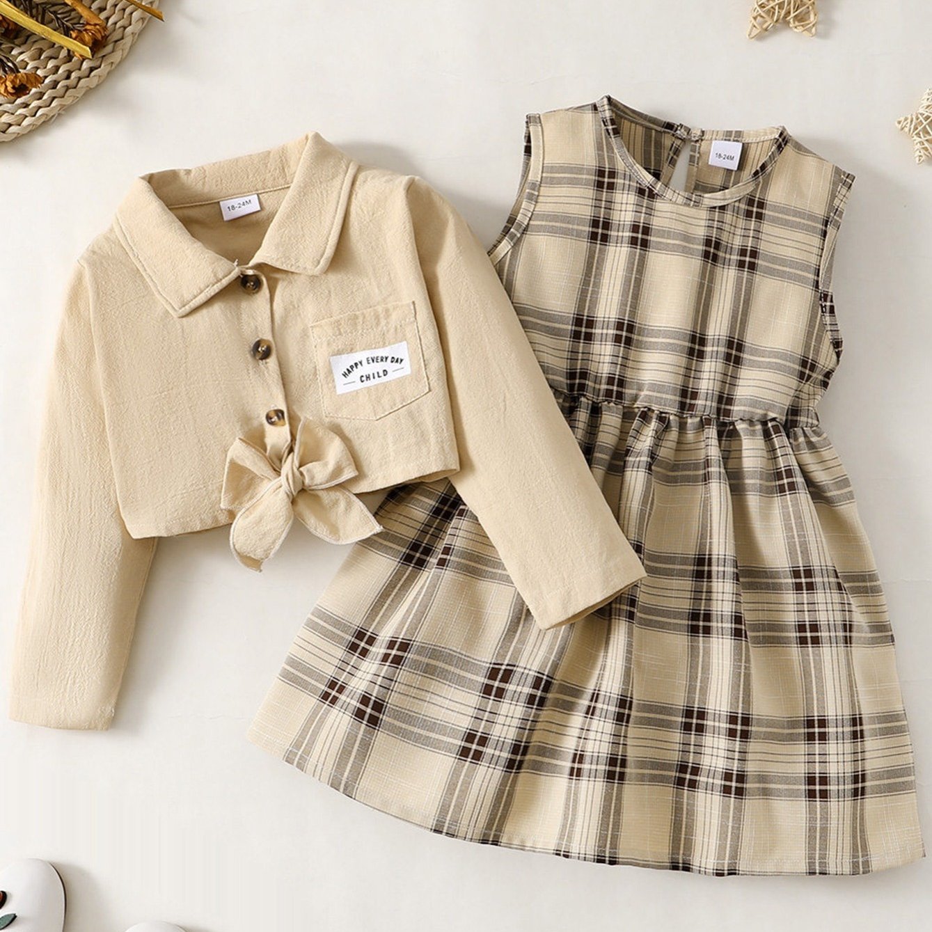 Girls Long Sleeve Shirt Top & Sleeveless Plaid Dress Set