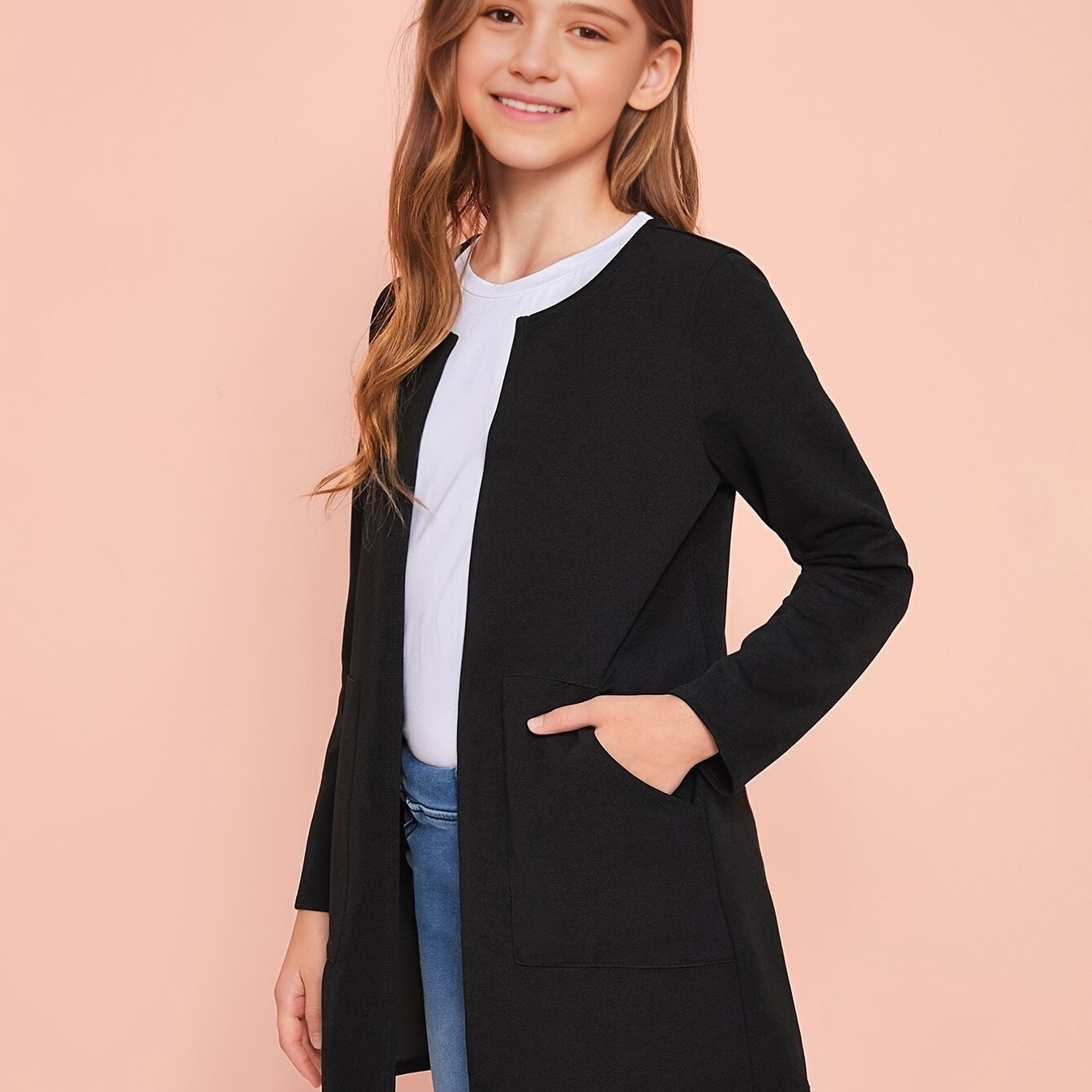 Girls Open Front Solid Knit Cardigan Jacket
