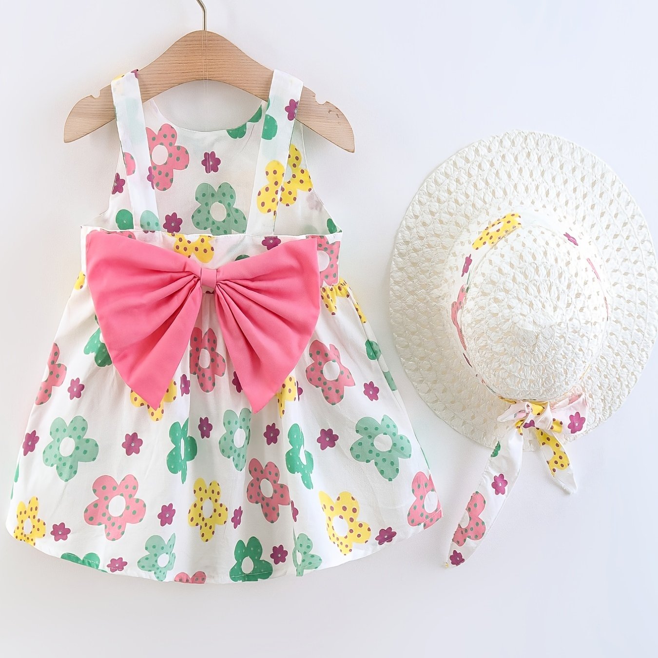Infant Little Girls Sleeveless Princess Dress + Hat Set with Big Bowknot Design