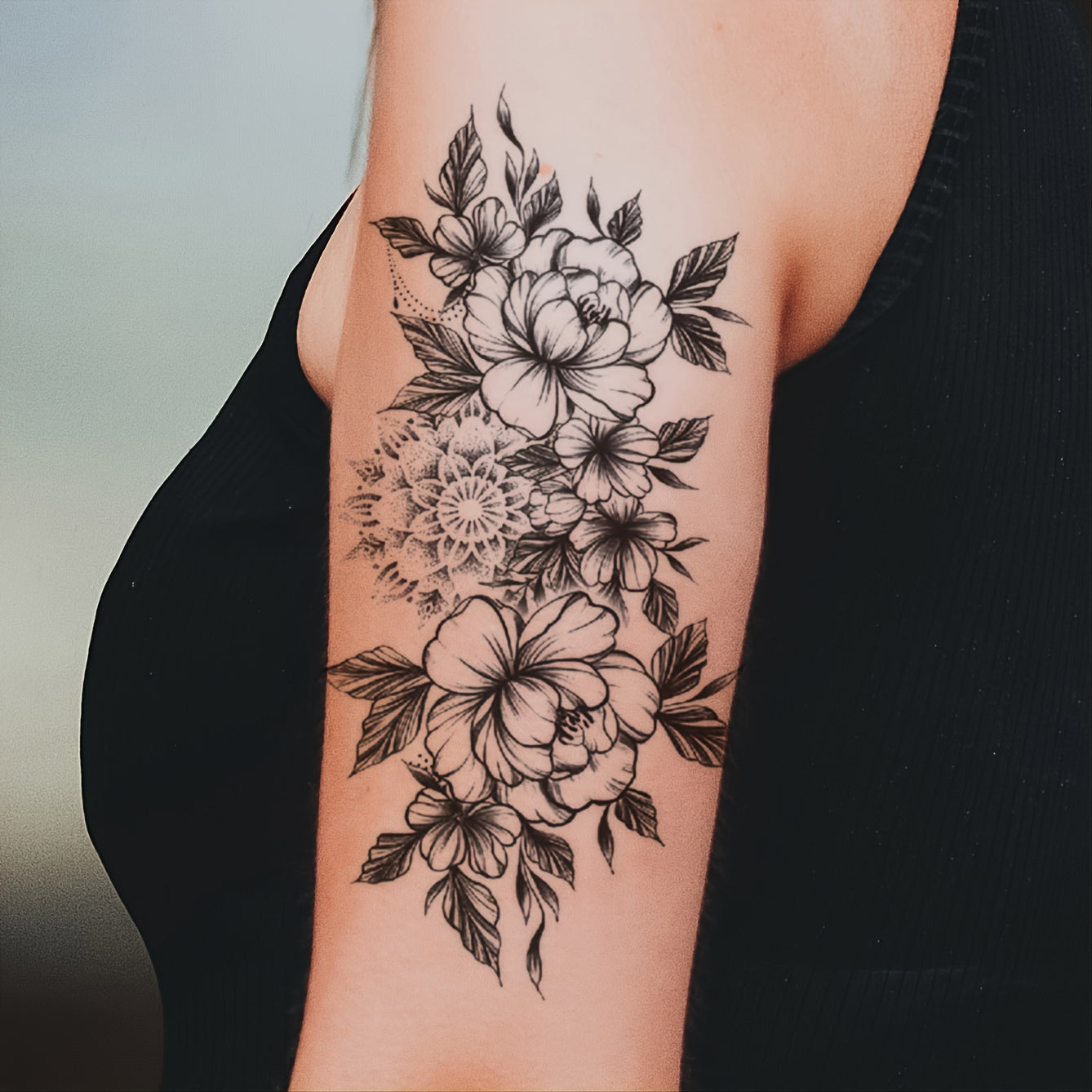 6-Piece Grass Print Pattern Big Flower Arm Tattoo Decals