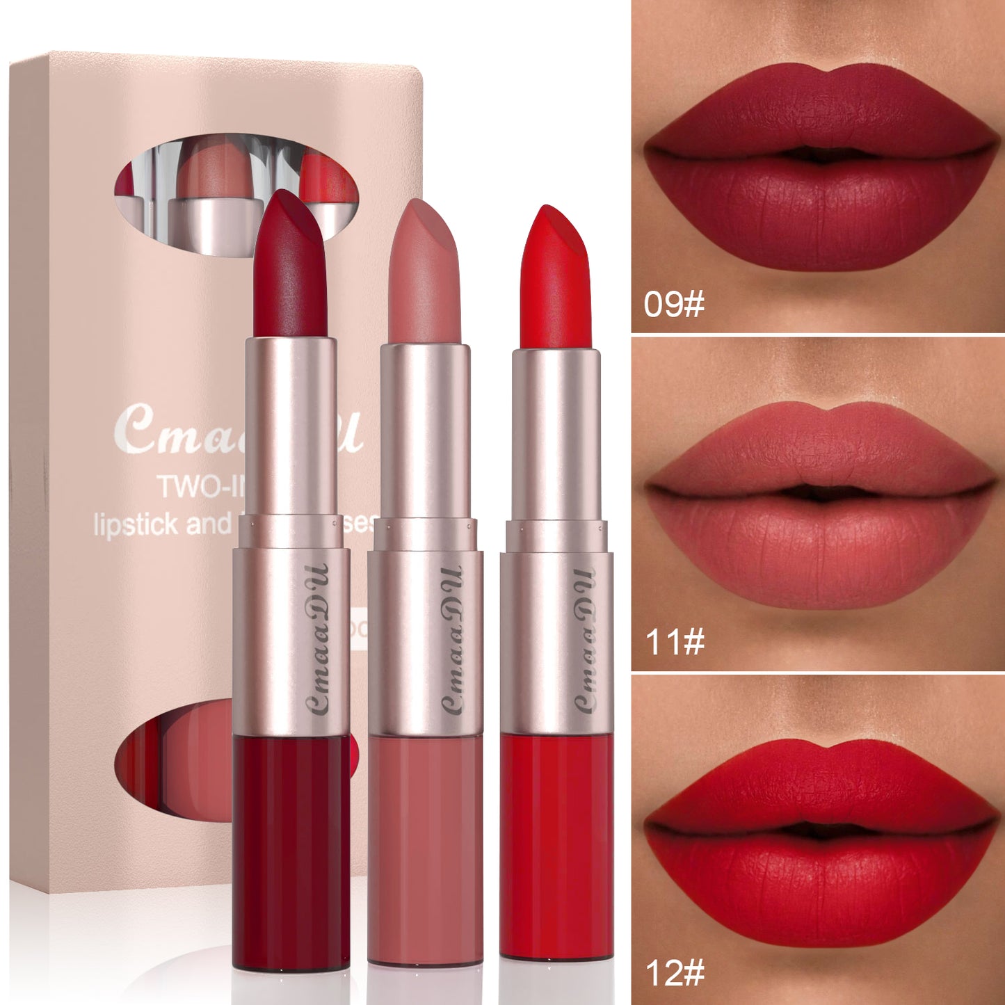 2-in-1 Lipstick and Lip Gloss Set: 3 Colors, Natural Matte Velvet Finish, Double Headed Dual Use, Long Lasting and Waterproof