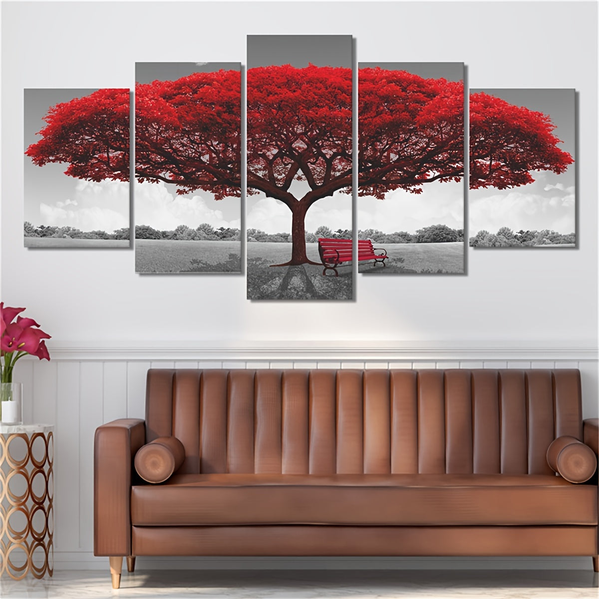 5pcs Frameless Red Benches Under The Big Tree Wall Art Painting Set