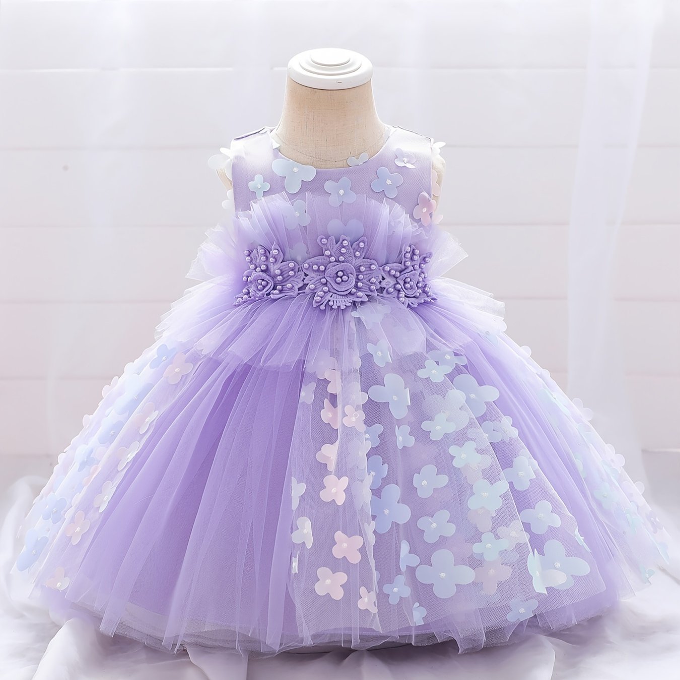 Girls Elegant Butterfly Decor Sleeveless Mesh Princess Dress