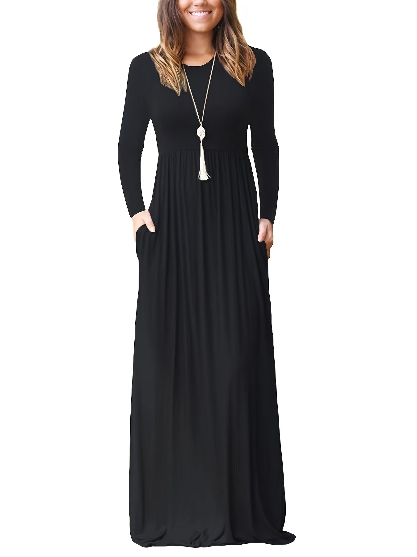 Solid Pocket Round Neck Long Sleeve Dress with Elegant Ruffled Hem High Waist Maxi Dress