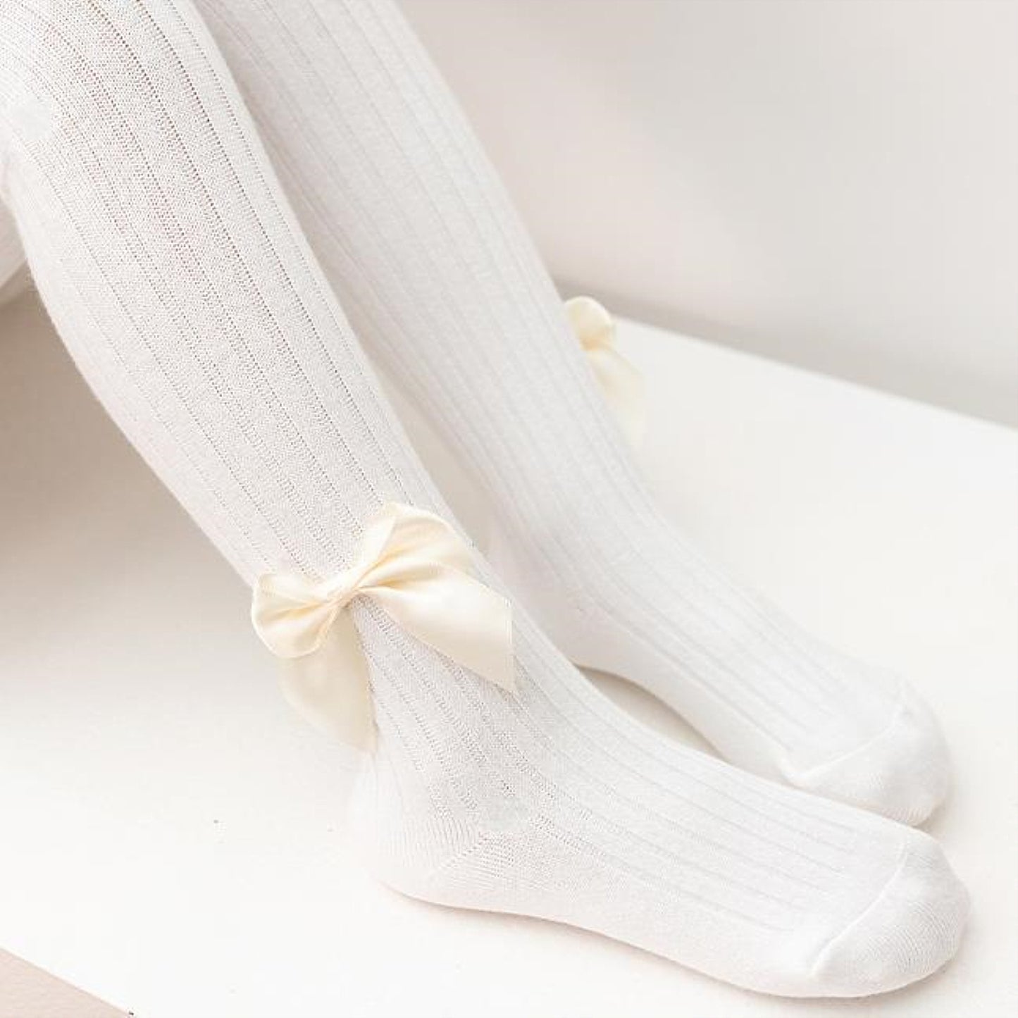 Seamless Cable Knit Tights with Bow for Baby Girls
