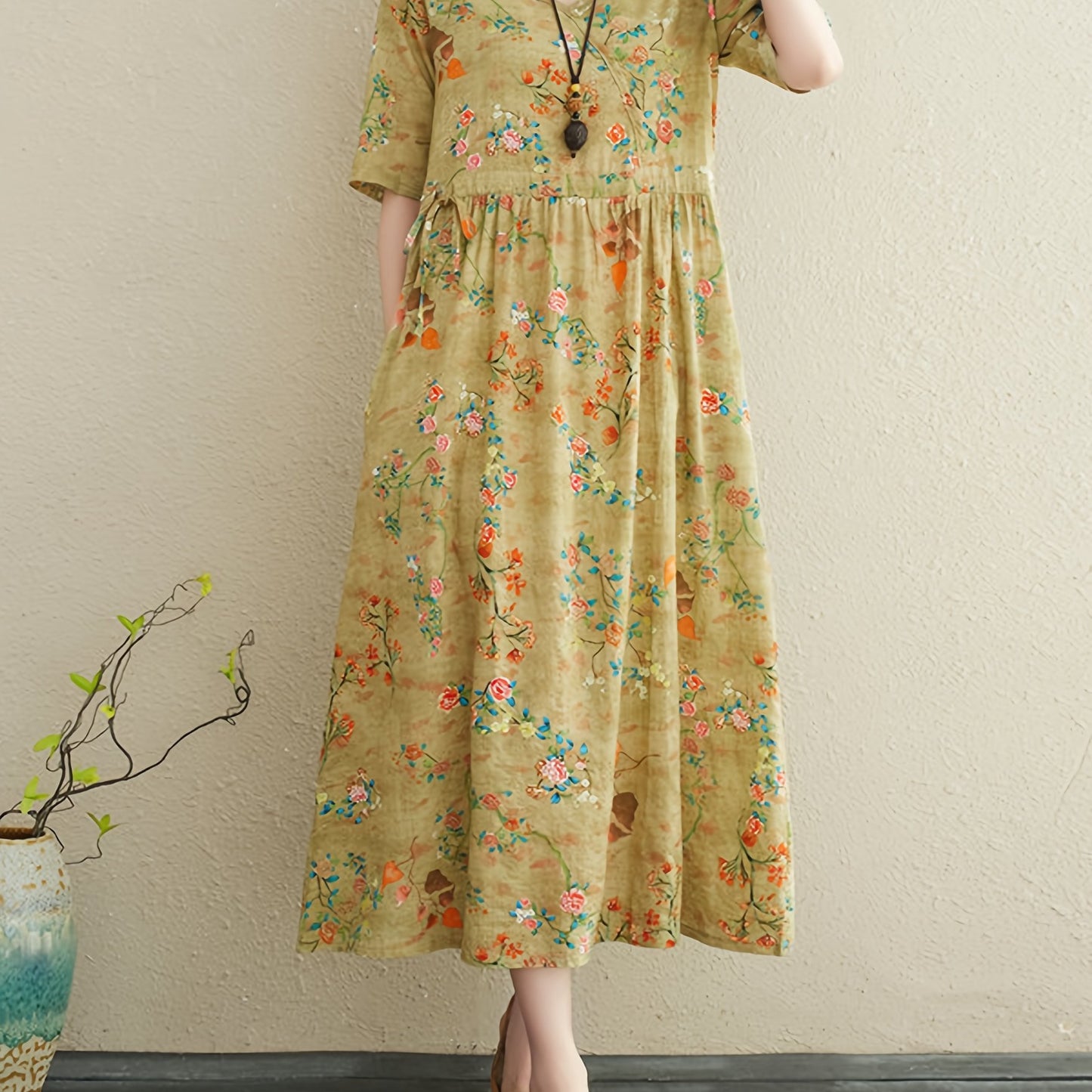 Women's Ethnic Cotton Linen Floral Print Maxi Dress