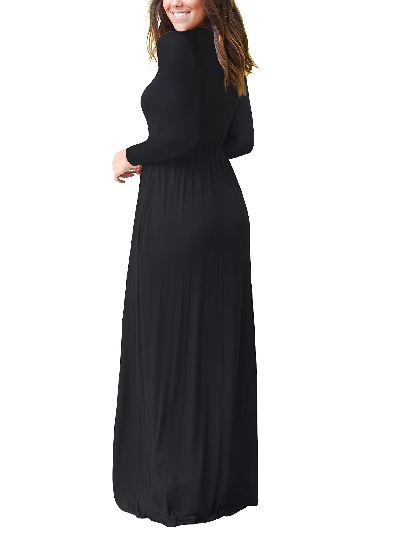 Solid Pocket Round Neck Long Sleeve Dress with Elegant Ruffled Hem High Waist Maxi Dress